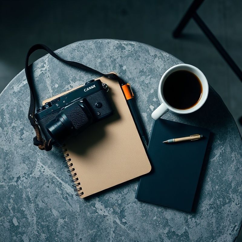 Minimal flat-lay of a camera, a notebook, and a coffee cup on a stone surface