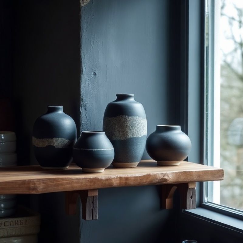Clean commercial product photography of ceramic vessels on a timber shelf