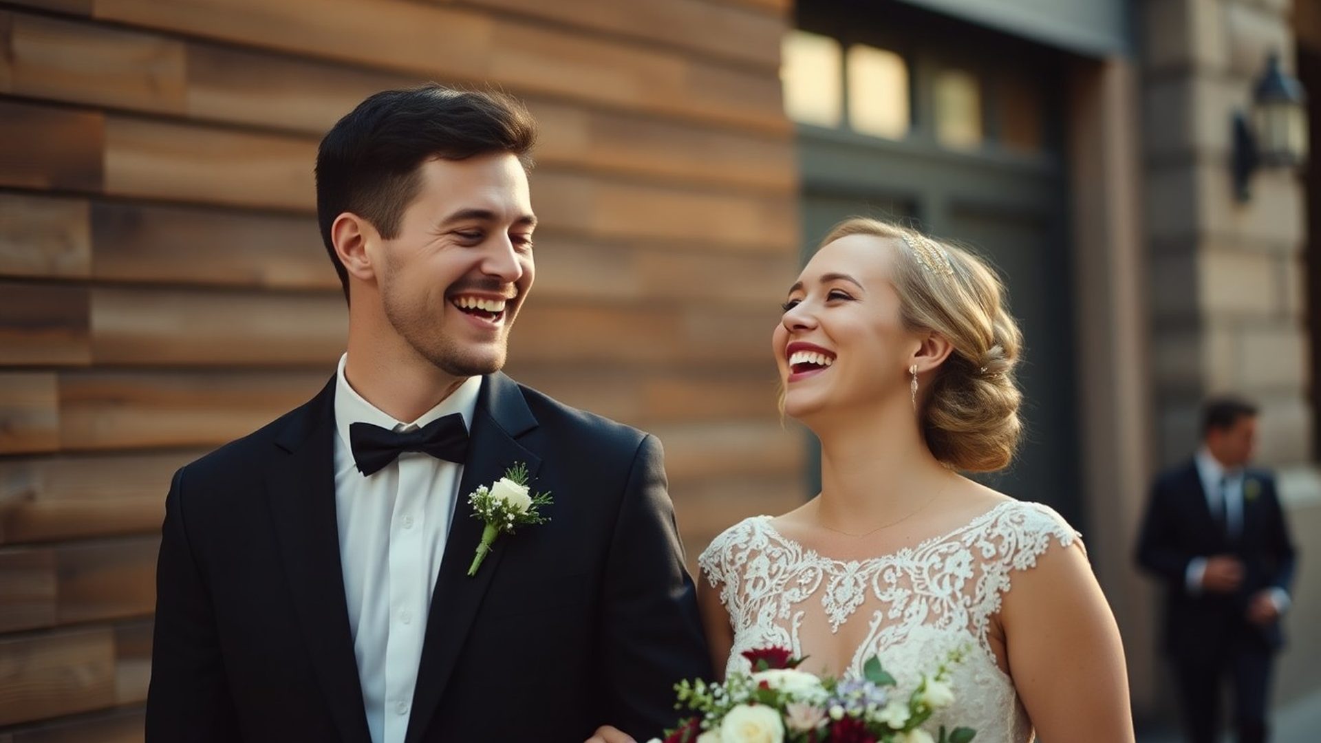Wedding couple laughing in soft northern light on a Montréal street